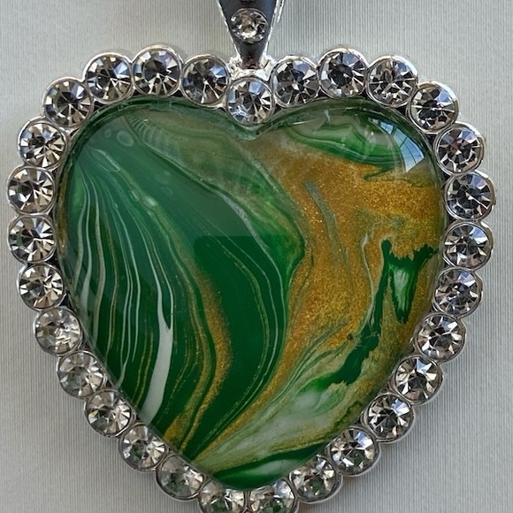 Handmade Green Gold Heart Fluid Art Glass Pendant Necklace with Rhinestones - Picture 1 of 16